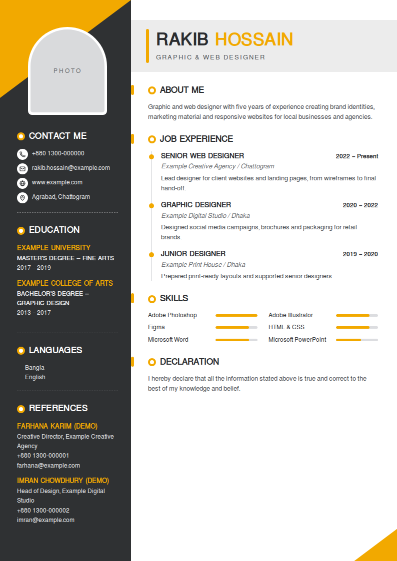 Amber Sidebar CV template — filled-in A4 design preview with example experience, education and skills