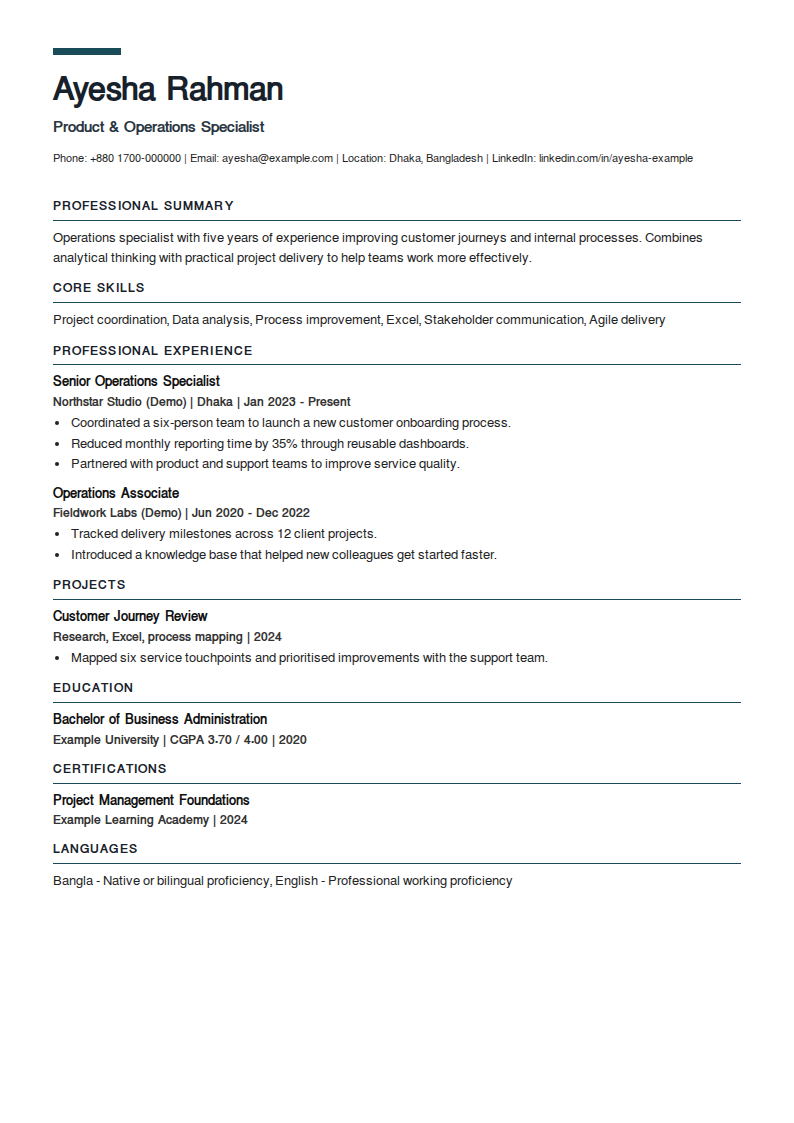 Aster Crest — A short accent crest above a left-aligned name; fine ruled section headings.