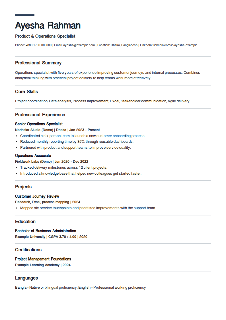 Birch Ledger — A short accent crest above a left-aligned name; full-width section separators and open headings.