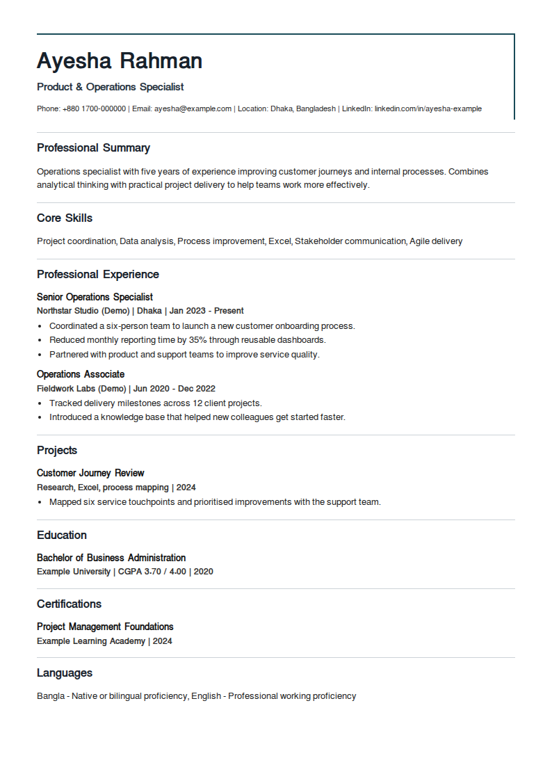 Brook Chronicle — An architectural corner frame around the name and role; full-width section separators and open headings.