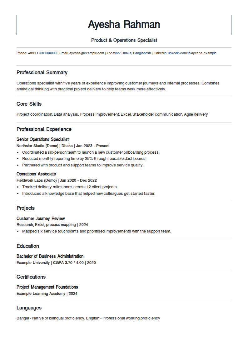 Cove Journal — A bracketed name block with contacts below the frame; full-width section separators and open headings.