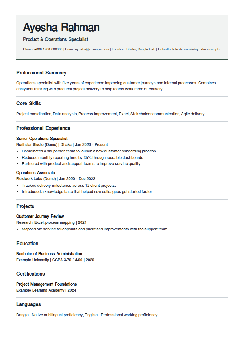 Indigo Ledger — A pale name panel with a strong bottom rule; full-width section separators and open headings.