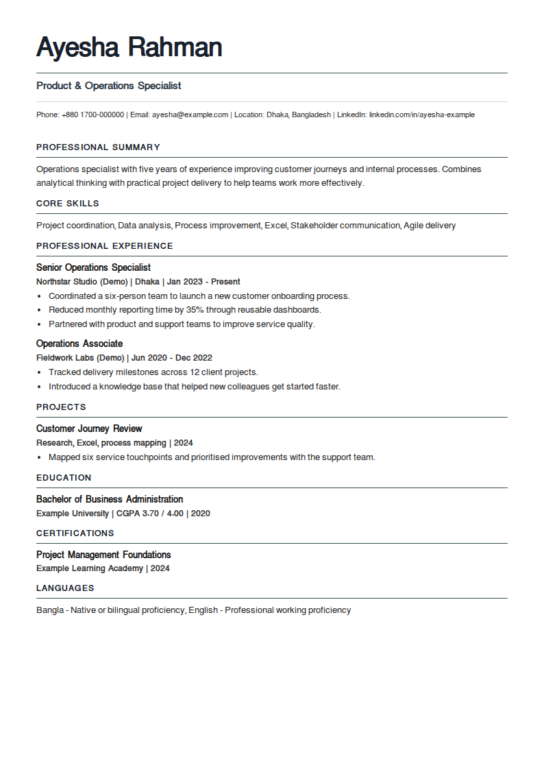 Mesa Letter — A name-led header with separate role and contact dividers; fine ruled section headings.