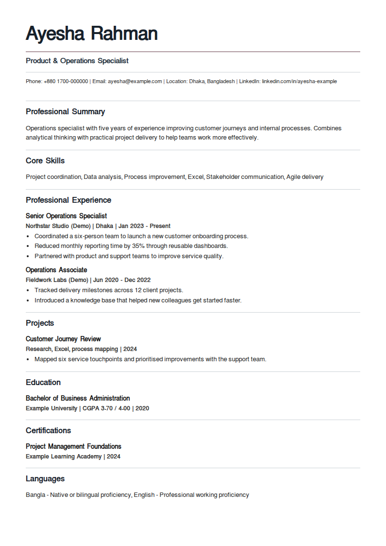 Nimbus Record — A name-led header with separate role and contact dividers; full-width section separators and open headings.