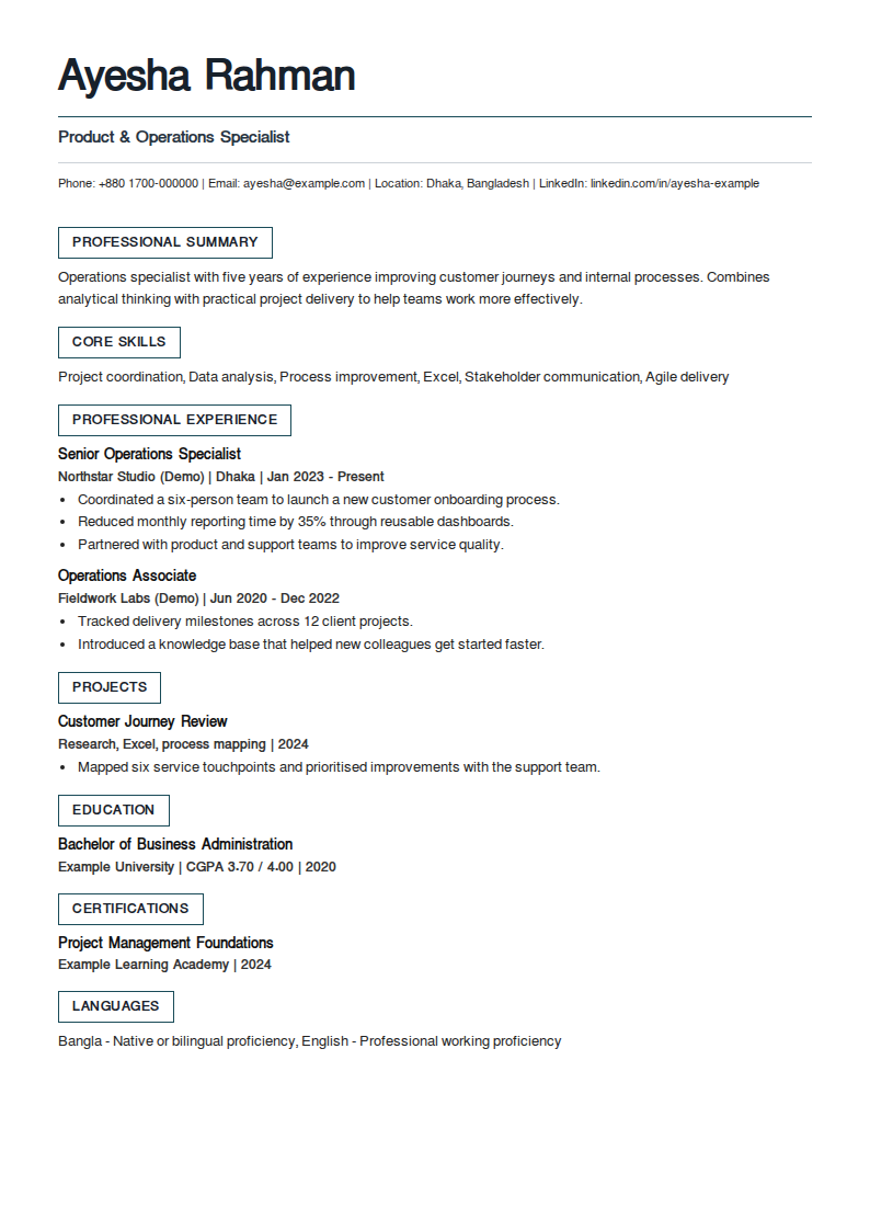 Prairie Form — A name-led header with separate role and contact dividers; outlined section labels.