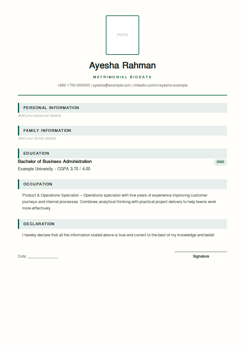 Bio Data — Traditional matrimonial form
