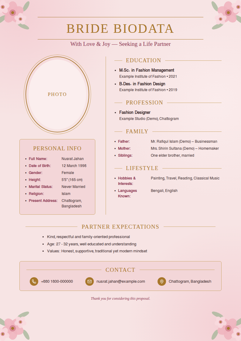 Blush Bloom Biodata CV template — filled-in A4 design preview with example experience, education and skills