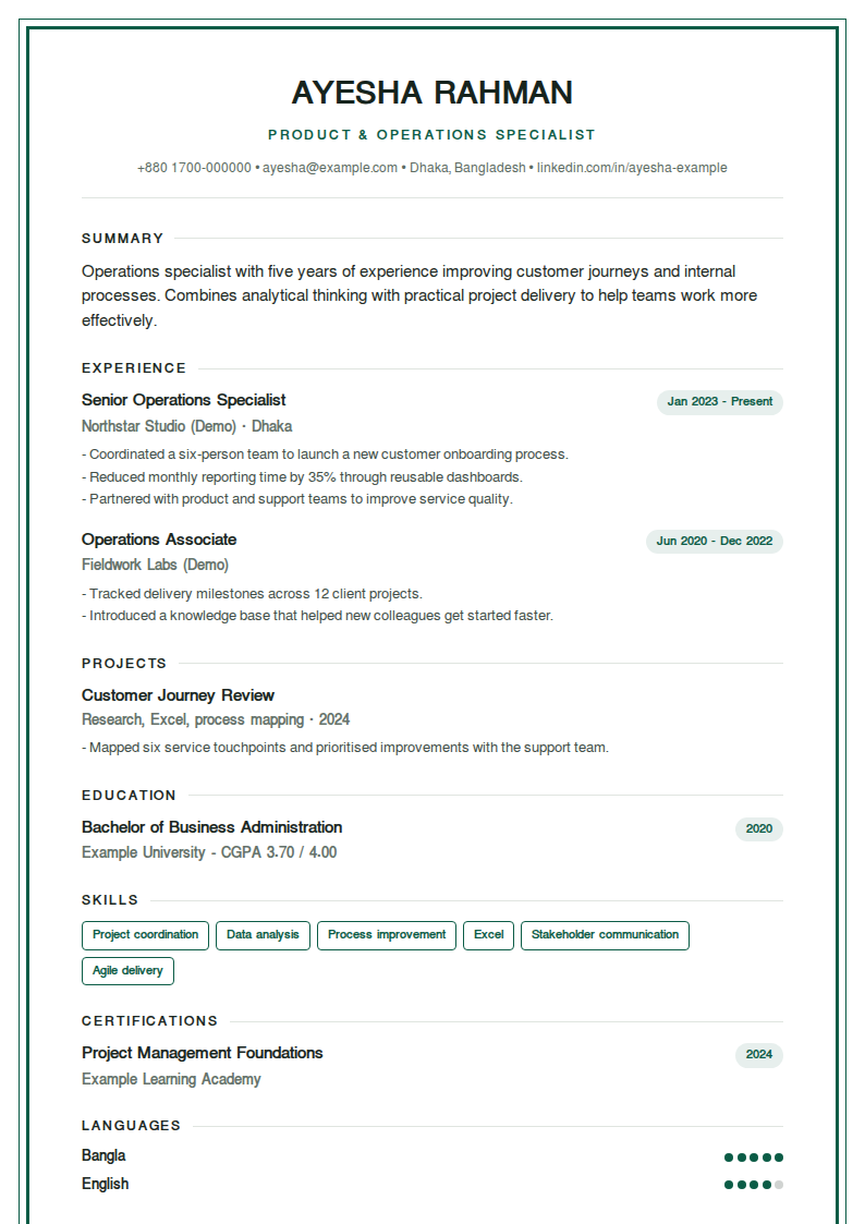 Framed Classic — Double-line page border, centered header