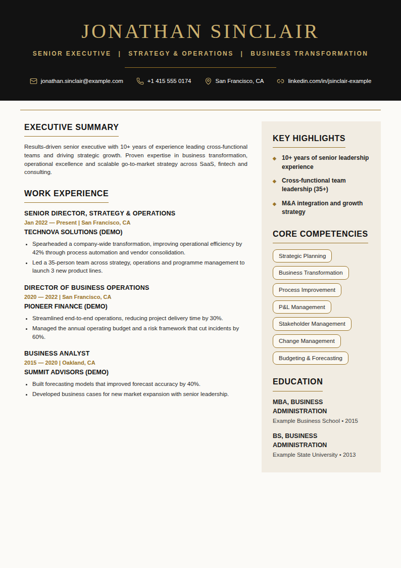 Gilded Noir CV template — filled-in A4 design preview with example experience, education and skills