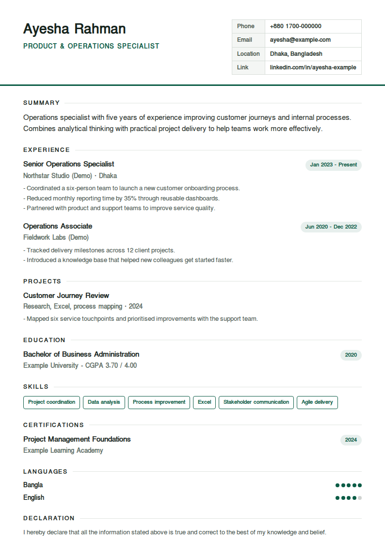 Grid Resume — Ledger-style bordered contact table