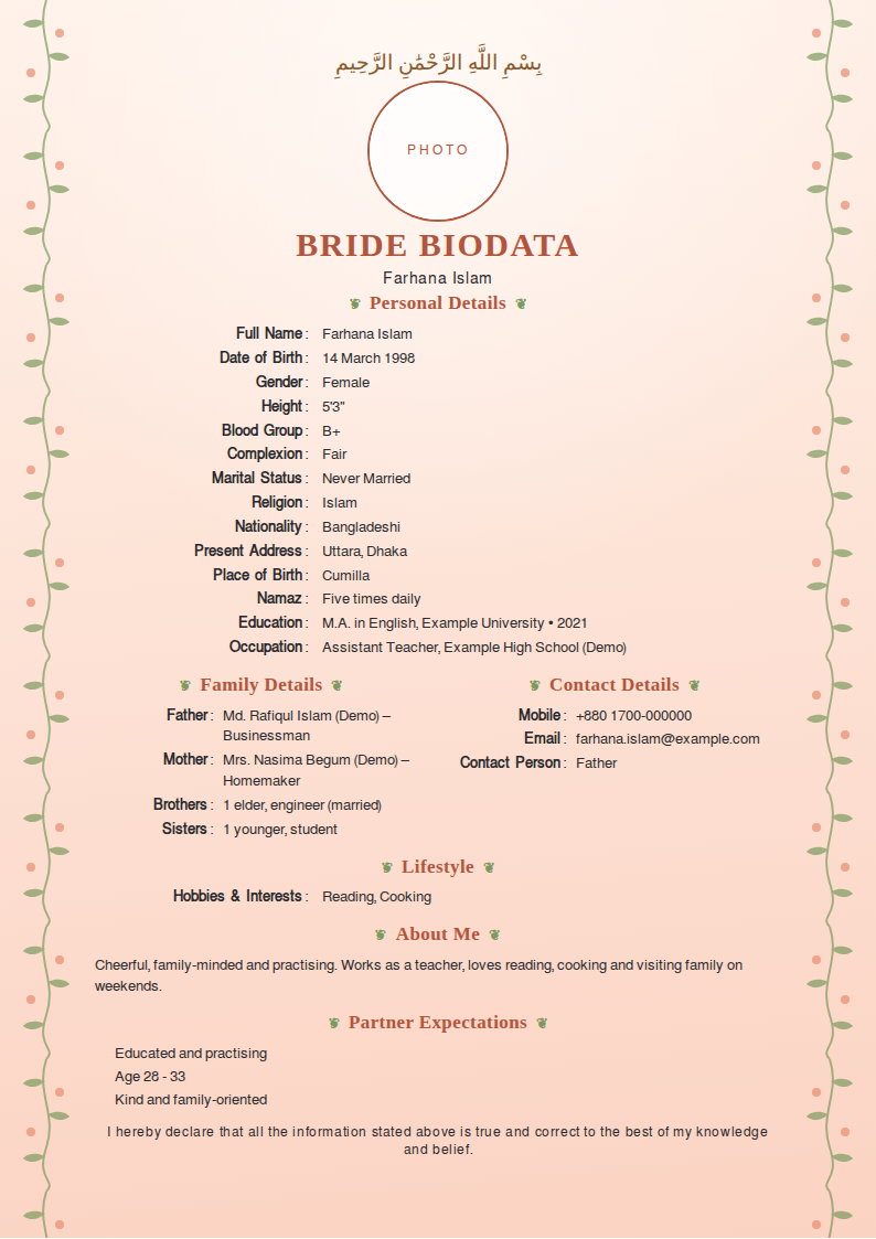Peach Vine Biodata CV template — filled-in A4 design preview with example experience, education and skills