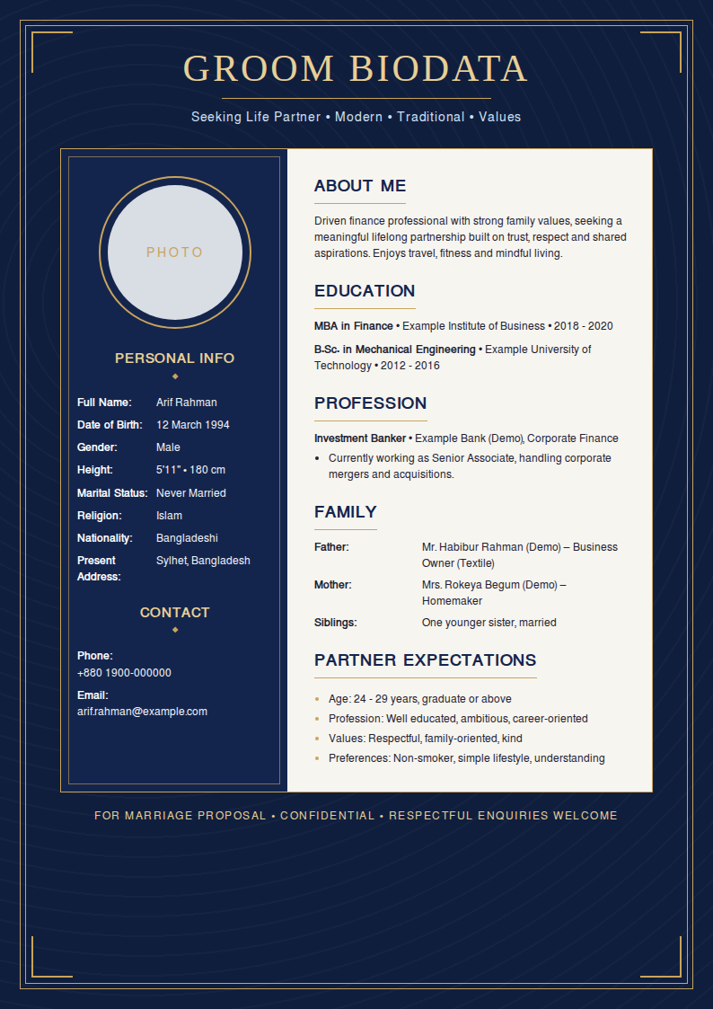 Royal Navy Biodata CV template — filled-in A4 design preview with example experience, education and skills