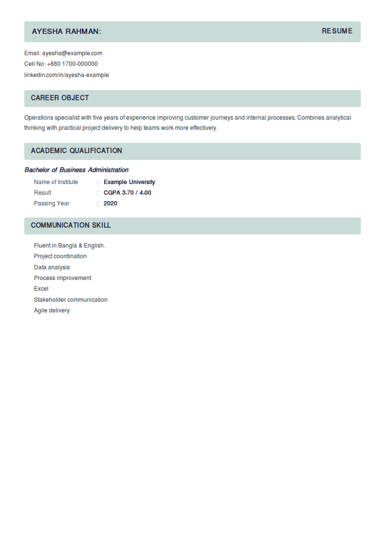 Fresher (Simple) — Banner headings, plain & clean