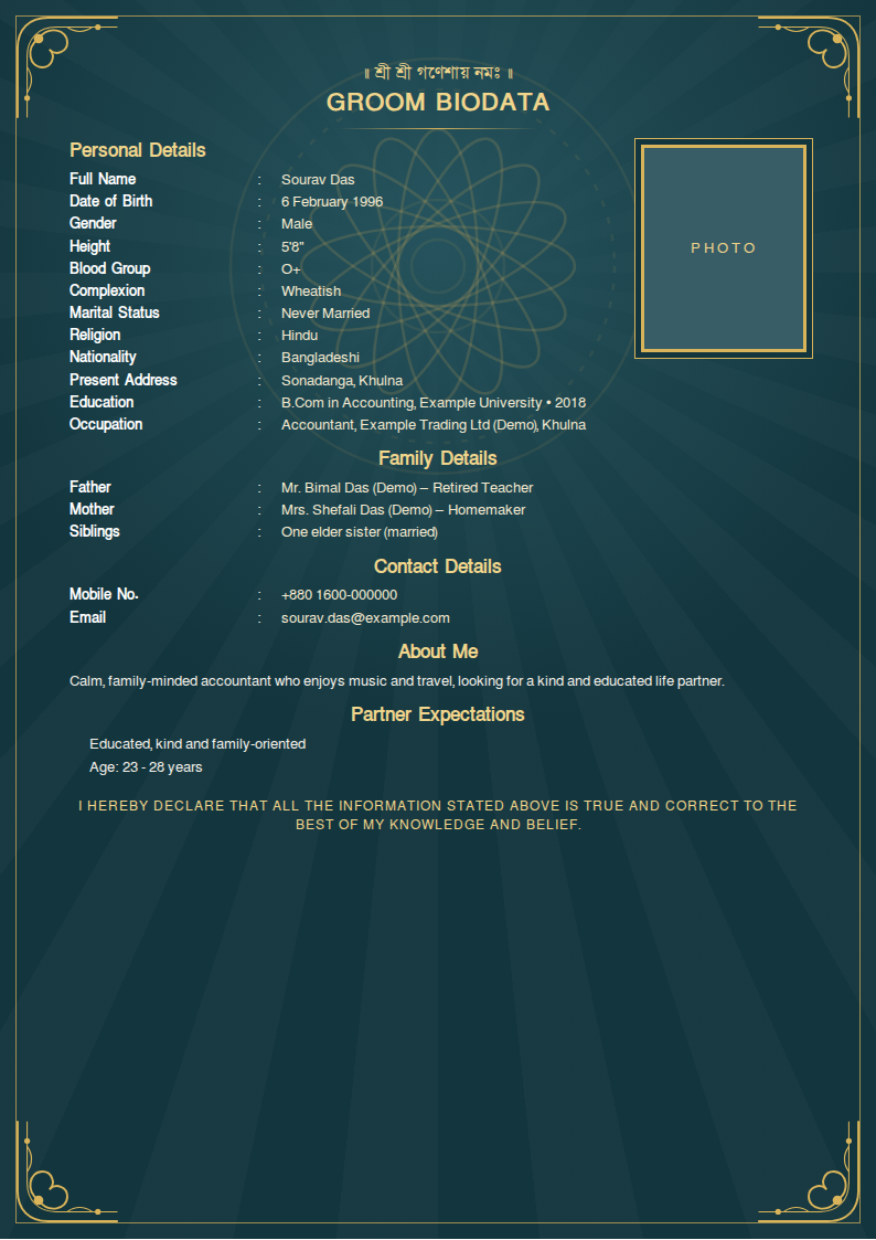 Teal Mandala Biodata CV template — filled-in A4 design preview with example experience, education and skills