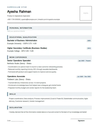 Govt job CV template Bangladesh – BCS CV format