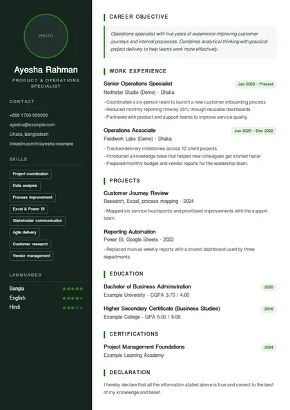 Two column CV template with photo sidebar – modern resume Bangladesh