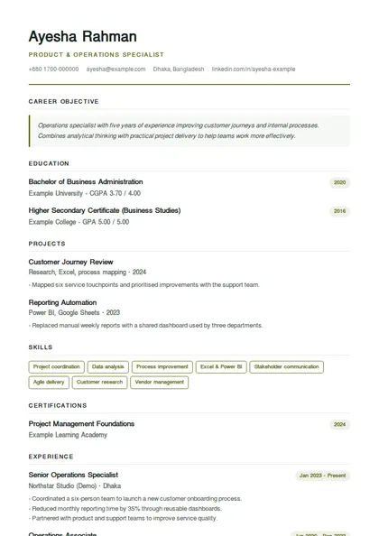 Fresher CV format Bangladesh – student CV template with education first